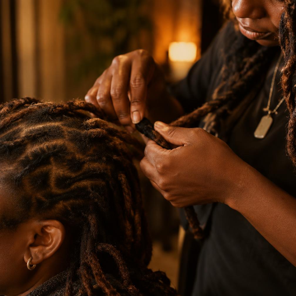 A loctician retwisting locs