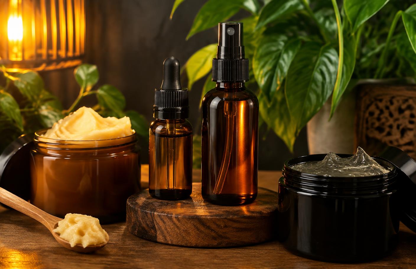 Amber glass natural hair care products on warm wood